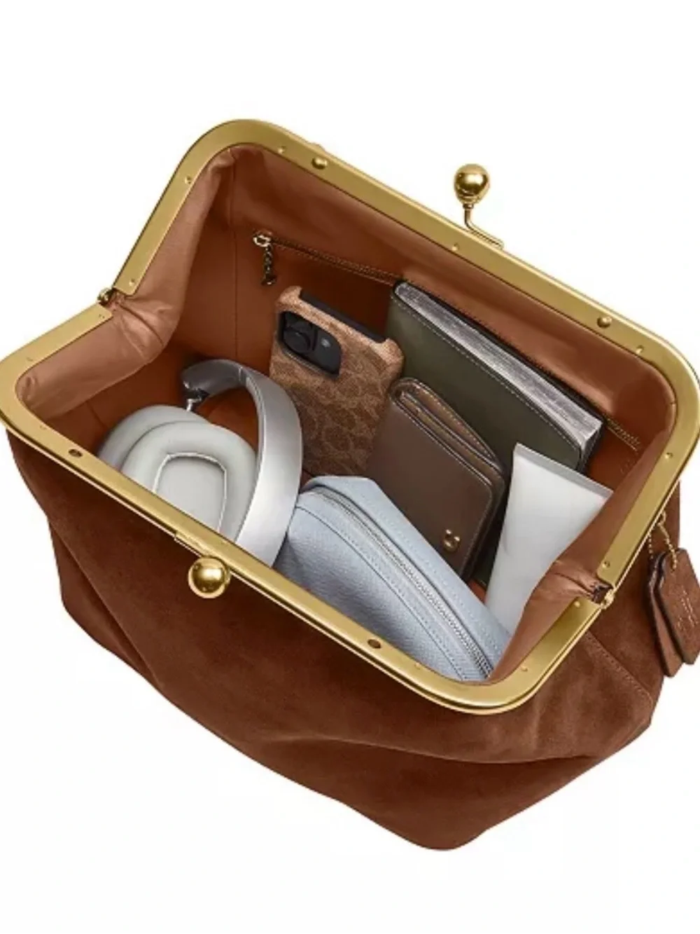 Coach Brown Suede Frame-Top Shoulder Bag with Gold Hardware